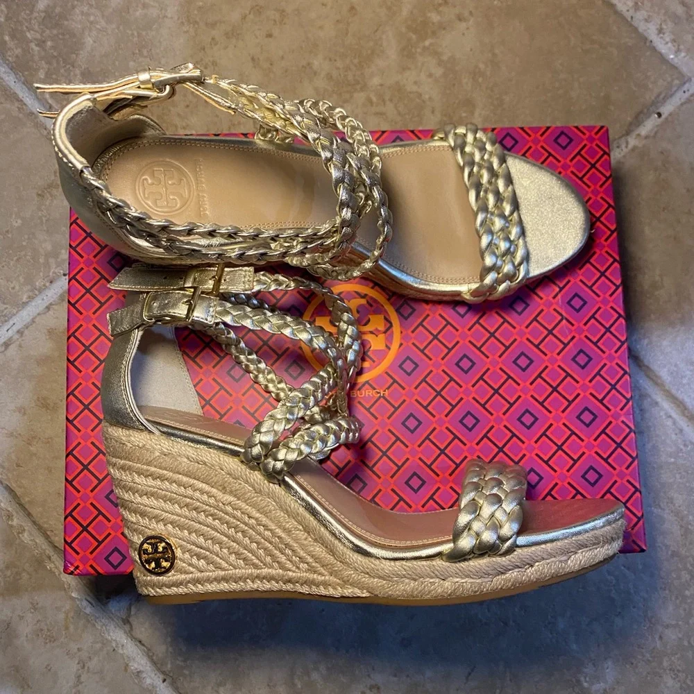 New‎ in Box Tory Burch Women’s Bailey Metallic Leather Espadrille Platform Wedge